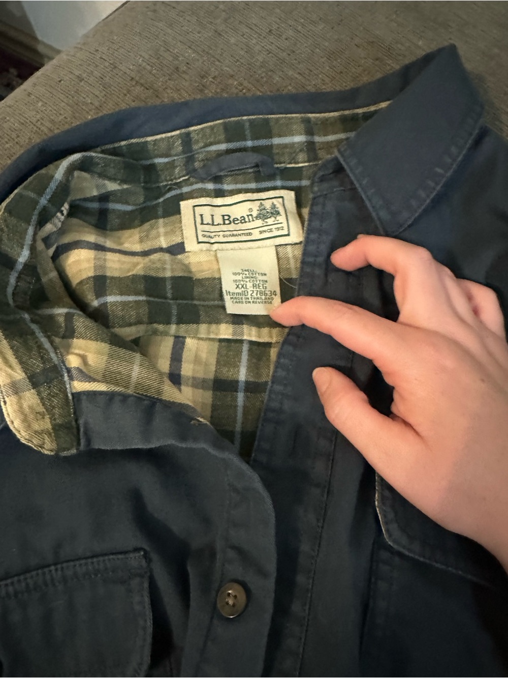 L.L. Bean Navy Jacket with Green and Cream Plaid Lining